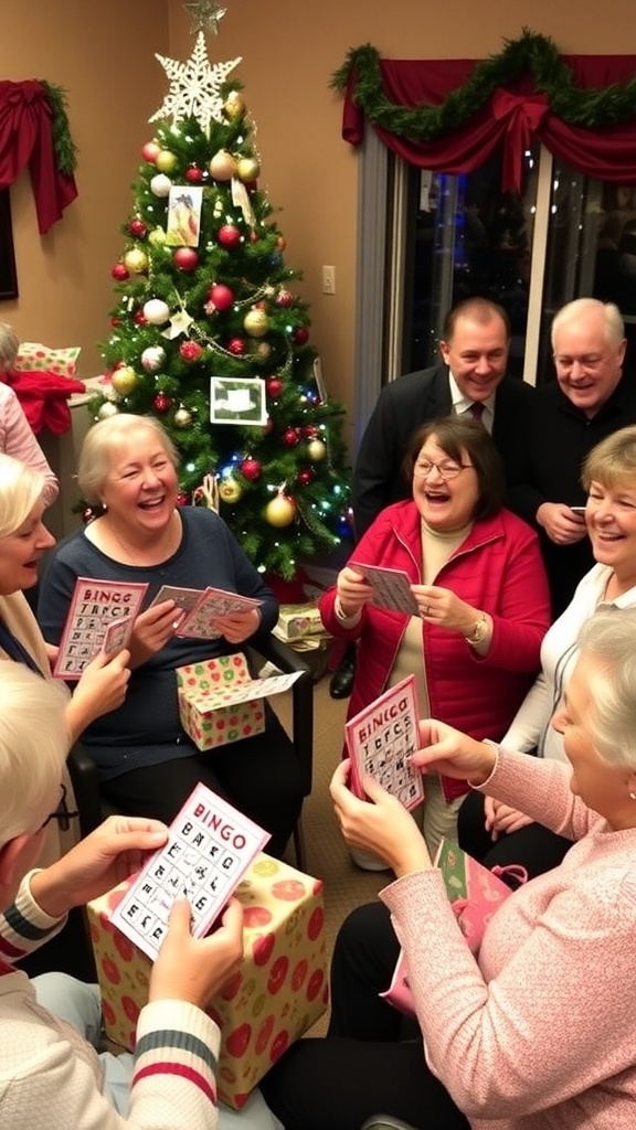 A festive Christmas party with guests playing gift opening games around a decorated tree.